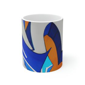 Decorative Ceramic Coffee Mug 15oz, Abstract Graffiti Orange Grey Blue Pattern