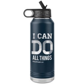32oz Water Bottle Insulated, i Can Do All Things Philippians 4:13 Print (Color: Navy)